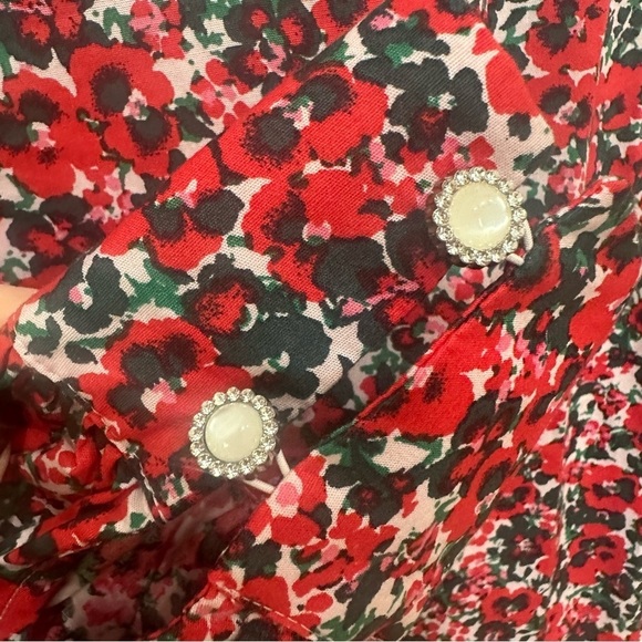 Jcrew Poplin Floral Ruffle Shoulder Top Shirt Pansy Rhinestone Button - Picture 5 of 8